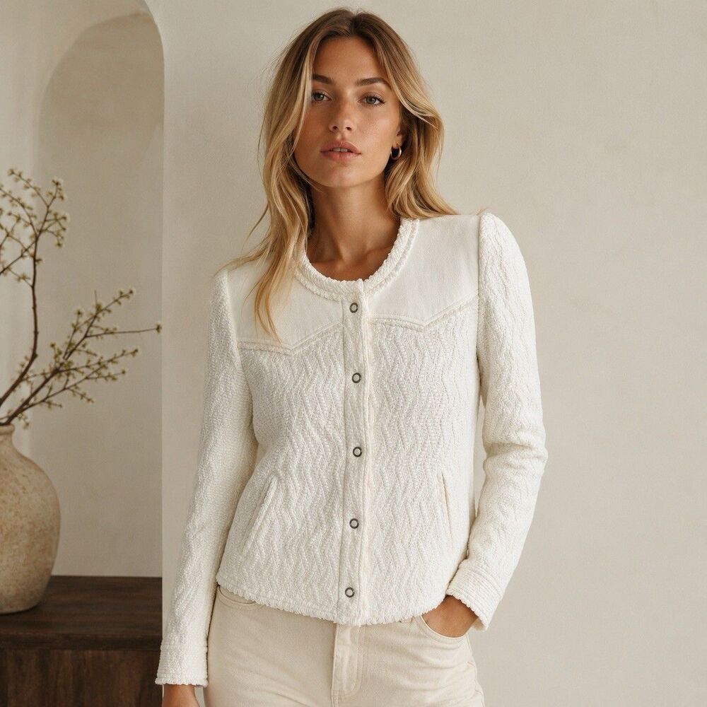 IRO Paris Halston Jacket Women Cream Lamb Leather Woven Tweed Linen Blend EU40
